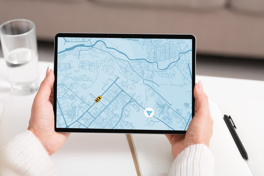Taxi Service App. Woman Holding Digital Tablet, Tracking Cab Geolocation On Map